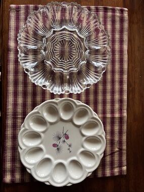 Cream Ceramic Egg Platter with Pink Floral Motif - Unbranded